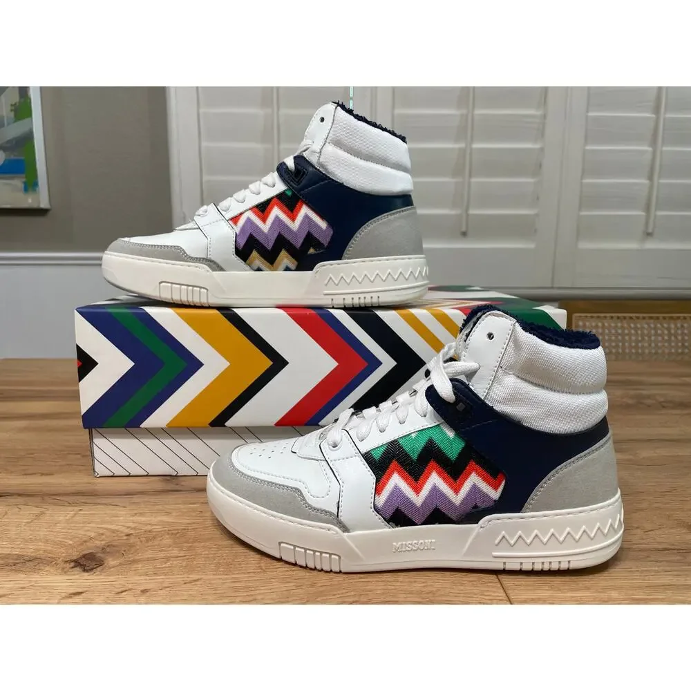 Missoni Basket High Luxury Sneaker White Blue Leather 5 M 6.5 W 37 EU NIB Unisex